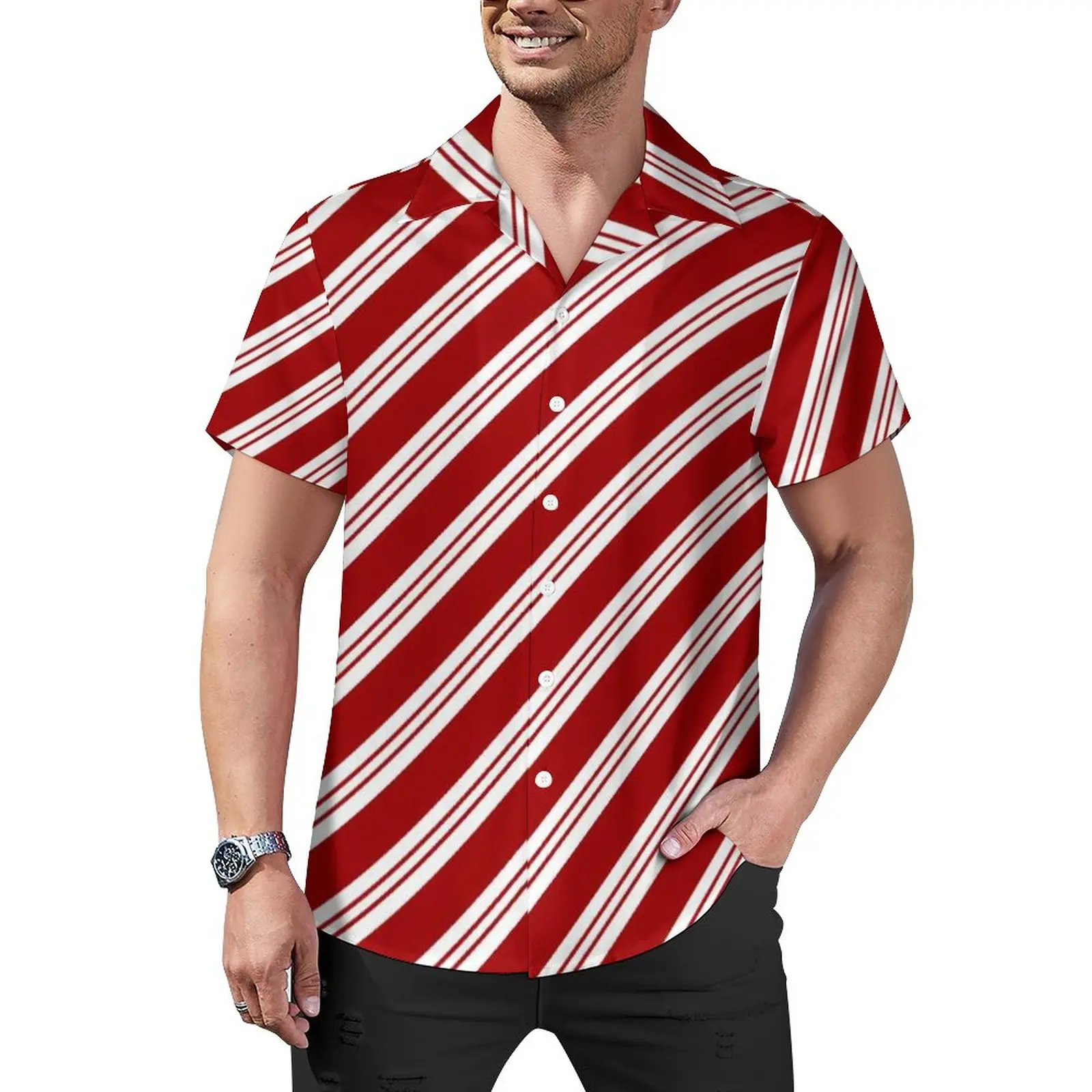 

Red Line Casual Shirt Christmas Candy Cane Stripes Vacation Loose Shirt Hawaii Fashion Blouses Short Sleeve Oversized Clothing