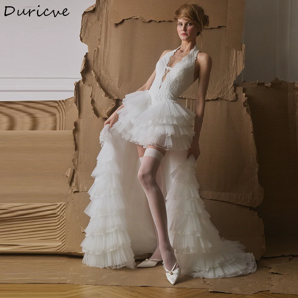 Duricve Customized Tulle Wedding Dresses with Tiered Ruffles Lace Applique Halter Sleeveless Princess Beach Bridal Gowns