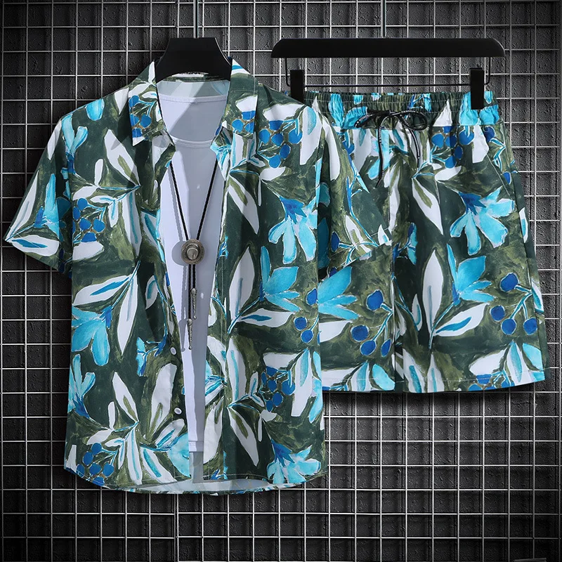 

Summer Short Sleeved Shirt Casual Button Up Collar Top Loose Hawaiian Flower Shirt Men's Printed Short Sleeved Shorts