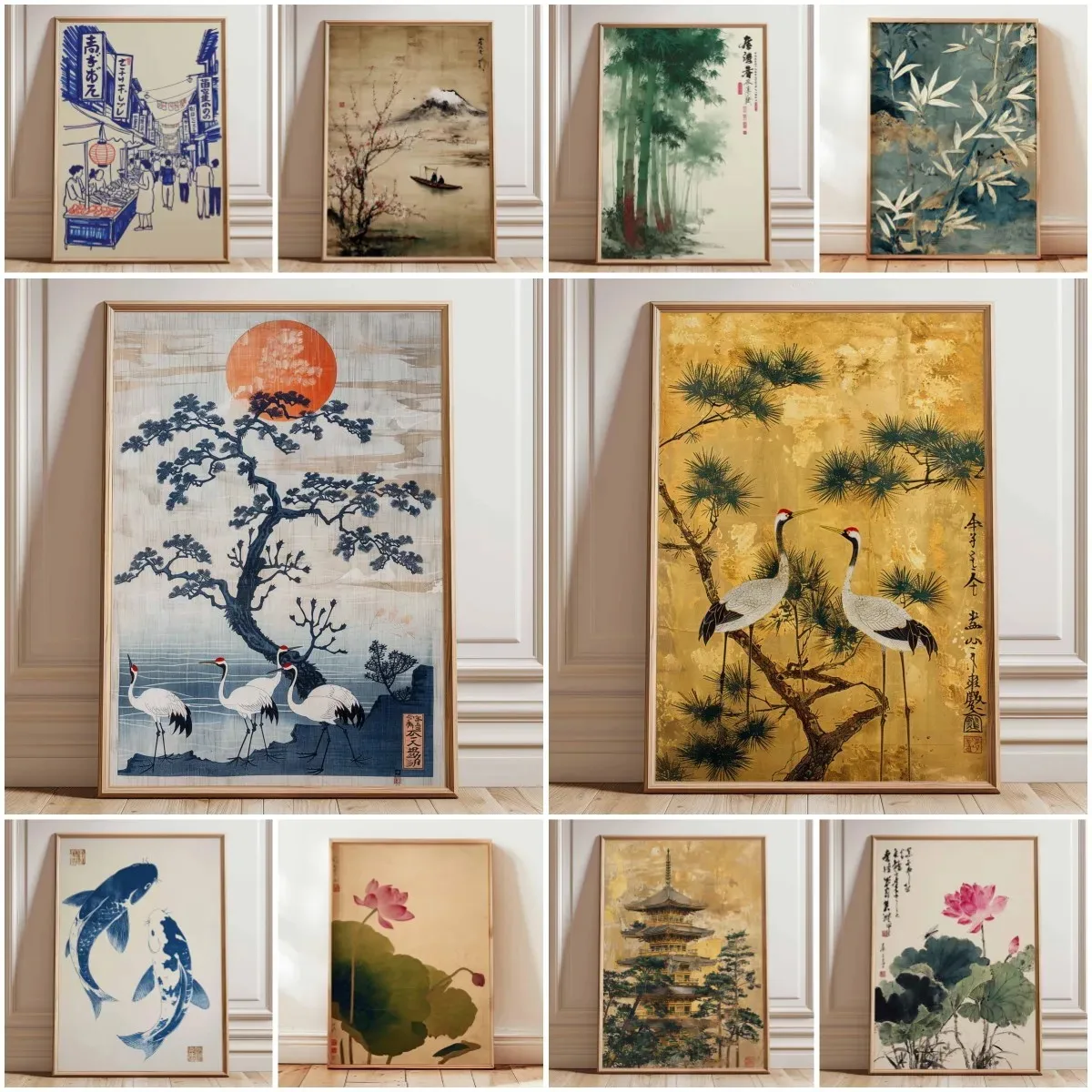 Japanese Crane Poster, Vintage Ukiyo-e Wall Art, Red Sun and Pine Tree Print Traditional Japanese Artwork, Oriental Home Decor