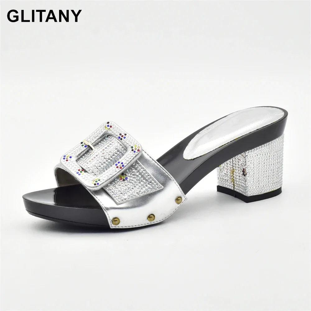 

Silver Color Rhinestone Italian Women Wedding Shoes African Party Shoes Summer Women Slipper Pumps Shoe Italian Elegant Shoes