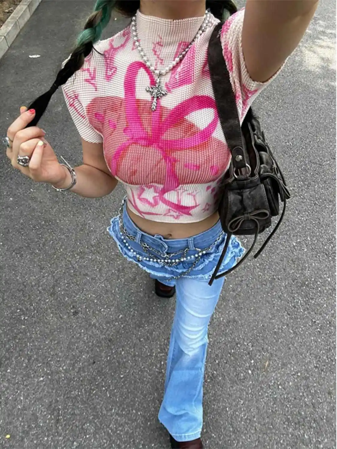 Damskie obcisłe T-shirty z krótkim rękawem, koszulki tie-dye, elastyczne crop topy, Goblin Core, styl coquette z lat 2000, estetyka Gyaru, Kpop, Kawaii, lato