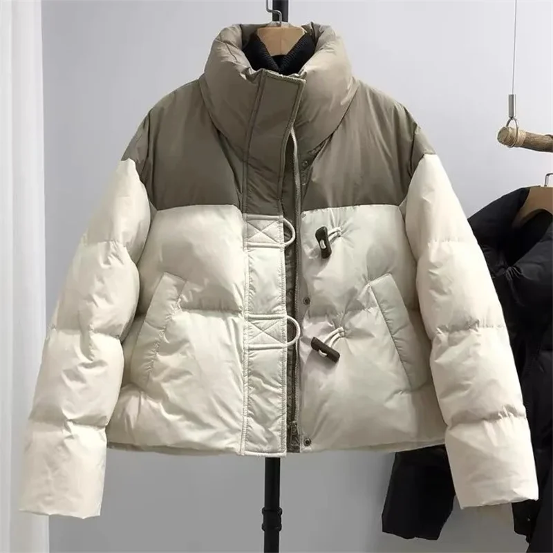 2024Winter Neue Unten Mantel Frauen Parkas Koreanische Kontrast Warme Baumwolle Jacke Damen Mode Outwear Horn Taste Brot Outcoat Weibliche