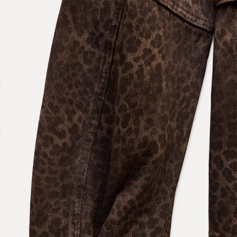 2025 New Women's Fashion Jacket Belted Denim Jacket Lapel Leopard Print Coat Spring/Fall Vintage Long-Sleeve Top Pocket Design