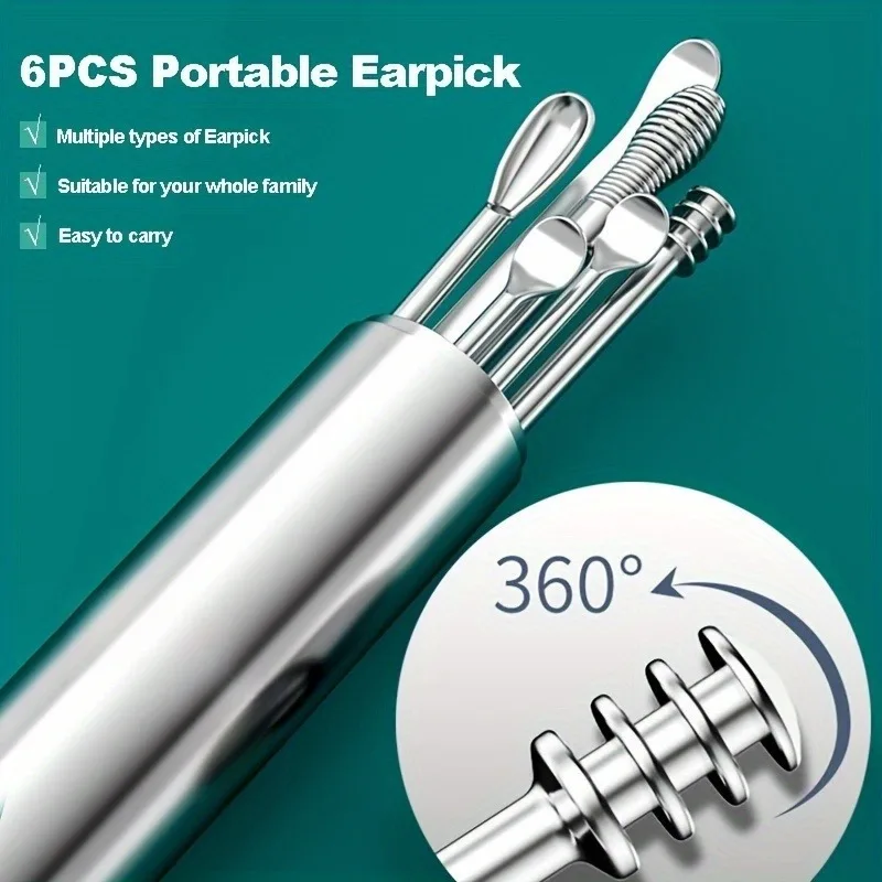 

1 шт., набор из 6 предметов, ушной экскаватор из нержавеющей стали, винт для сбора ушной серы, вращающийся ушной выбор, набор инструментов для чистки ушей