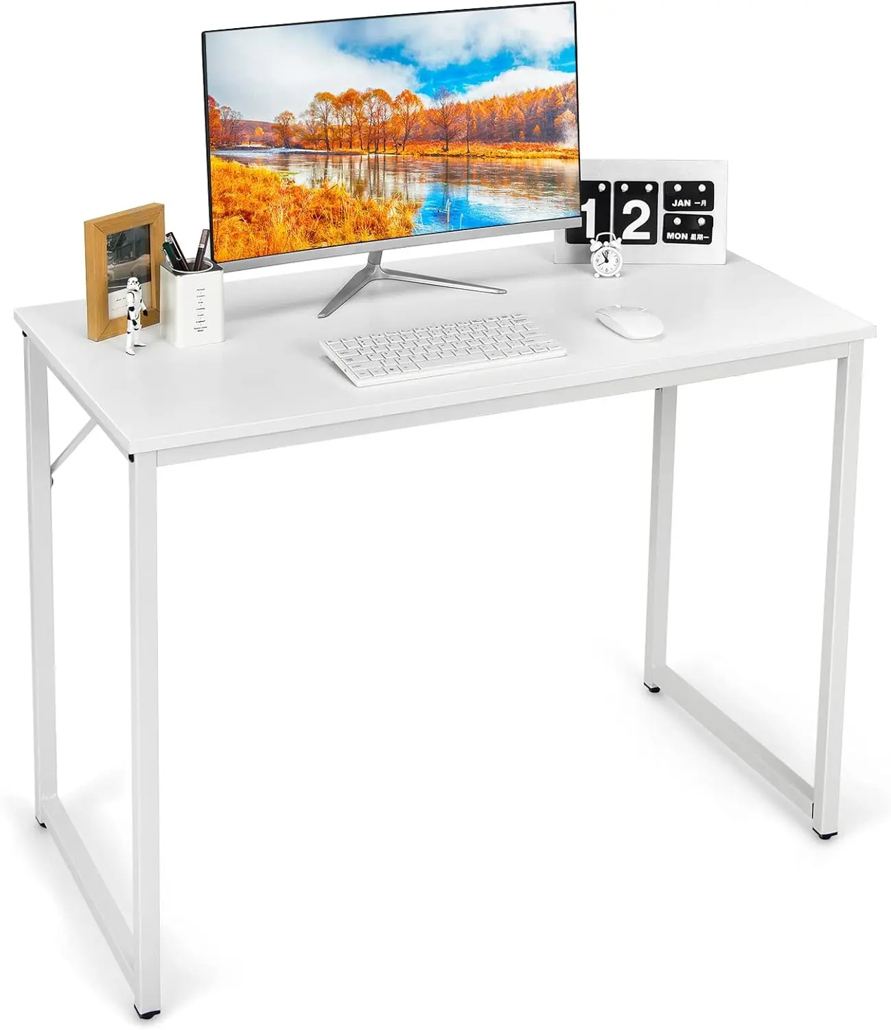 

Modern White Small Study Desk Sturdy Metal Frame Easy Assembly - Ideal for Home Office Compact Laptop Table Minimalist Design