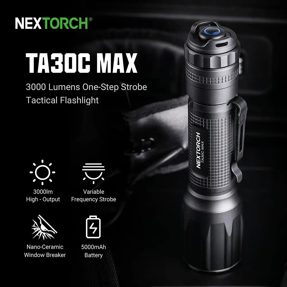 Nextorch TA30C MAX 3000LM 390M LED Flashlight USB-C Rechargeable 5000mAh 21700 Battery IPX8 Waterproof EDC Tactical Search Torch