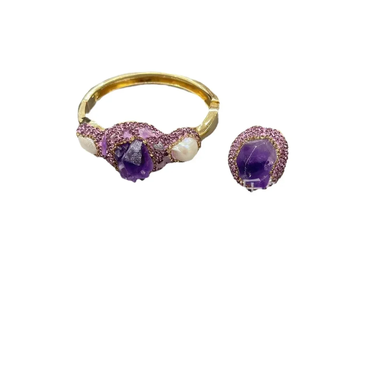 Natural Brazilian amethyst rough ore inlaid pearl bracelet ring two-piece set European and American fashion jewelry set