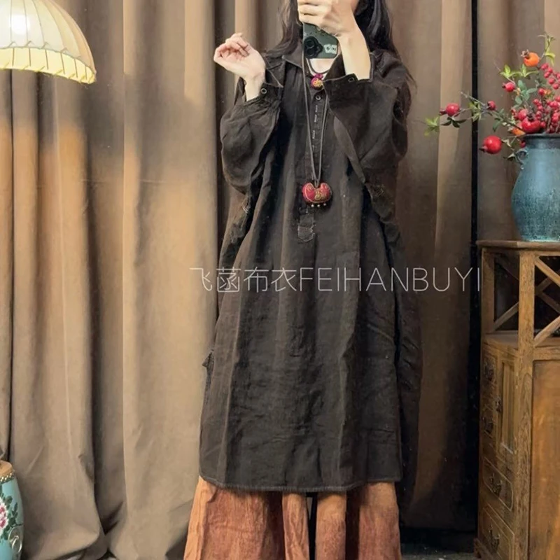 26 New Arrival Spring/autumn Women Casual Loose Good Quality Cotton Linen Knee-length Dress All-match Wrist Sleeve Dresses F289