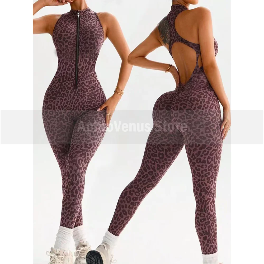 2026 New Women Leopard Print Sleeveless Halter Zip Front Backless Bodycon Jumpsuit for Yoga and Fitness