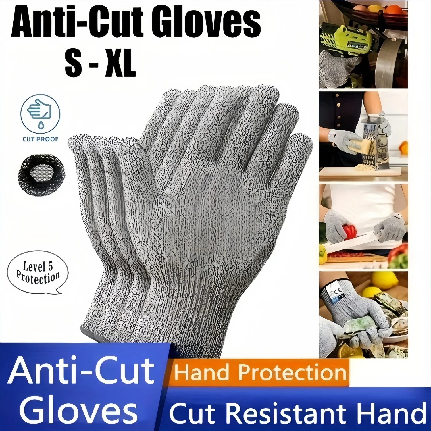 1pair Grade 5 Cut Resistant Gloves Kitchen HPPE Scratch Resistant Glass Cutting Safety Protection for Gardeners