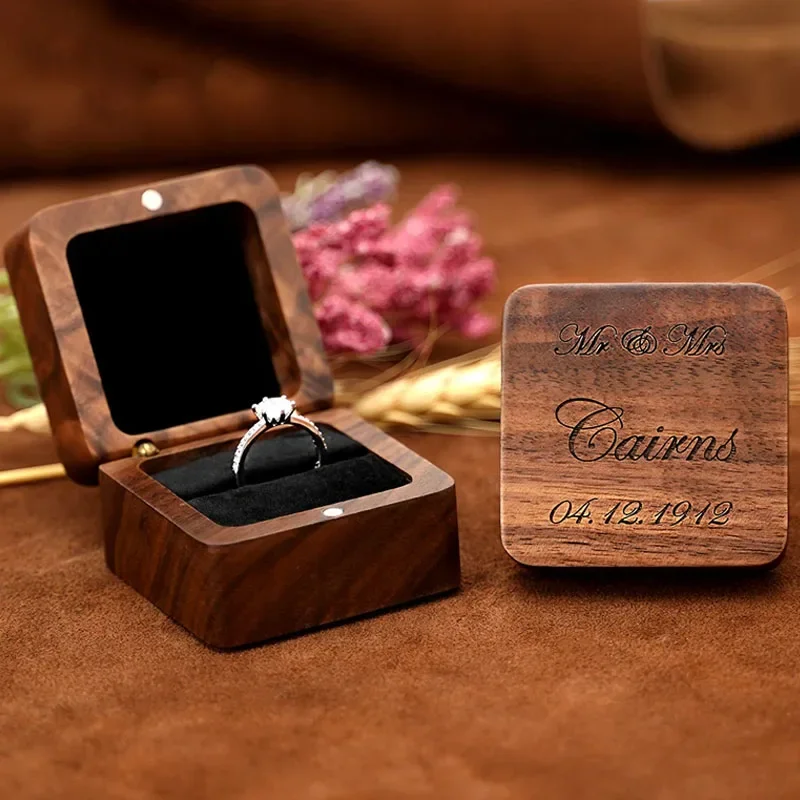 1pcs Free Custom Wooden Ring Box Personalized customization Wedding Anniversary Gift Walnut Wood Rings Box Engraved Engagement