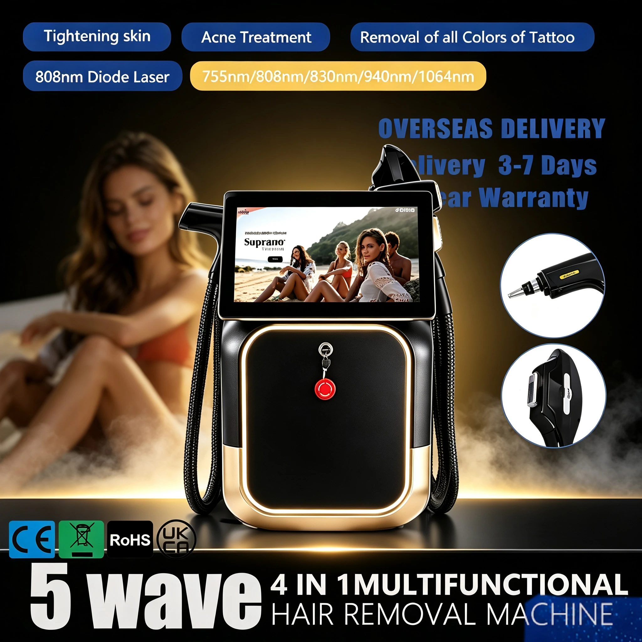 10 Bars FAC 5 Wave Diode Laser Hair Removal Machine Ice Cooling 755/808/830/940/1064nm 4 In 1 RF IPL Permanent Epilation Devic