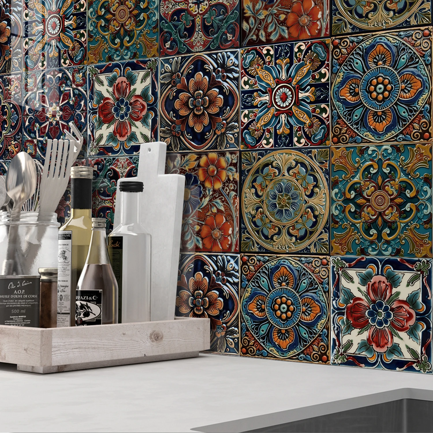 10PCS of Moroccan Relief Style PVC Waterproof Self-Adhesive Wall Stickers Peel and Stick Kitchen and Living Room Tile Stickers view 2