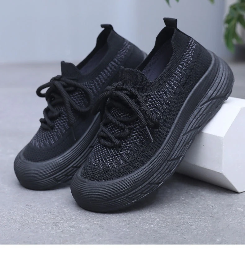 Damen-Sneaker mit Strickmuster, Mesh-Einsatz und Schnürung, dicke Plateausohle, atmungsaktiv, leicht, rutschfest, für Freizeit, Sport und Spaziergänge, ideal für den täglichen Gebrauch im Freien. – Detail 15