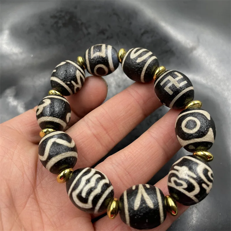 Tibetan Retro Black and White Dzi Duobao Beads Dalo Old Agate Bracelet