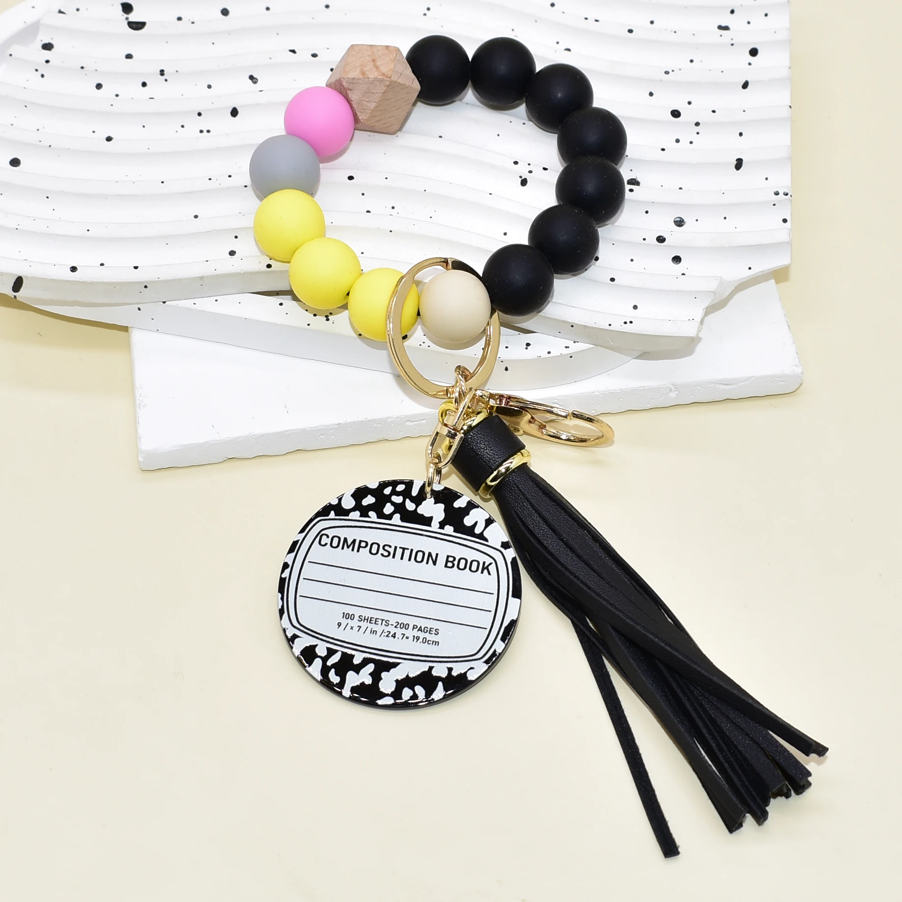 Teacher Gifts Idea S​ilicone Beads Pencil Colors Bangle Keychain Design With Big Acrylic Pencil Black Composition Charms