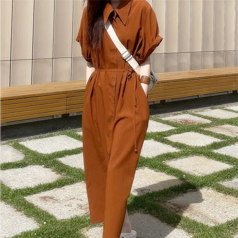 Long Dress Women Shirt Dresses Turn Down Collar Vestidos Streetwear Short Sleeve Elegant Maxi Y2k Lace Up High Waist 2025