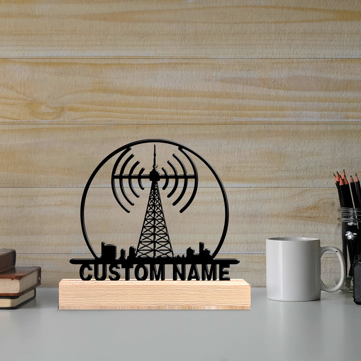 1pc Personalized Custom Transmission tower Iron Statue Iron Ornament Tin Sculpture With Wood Base Office Desk