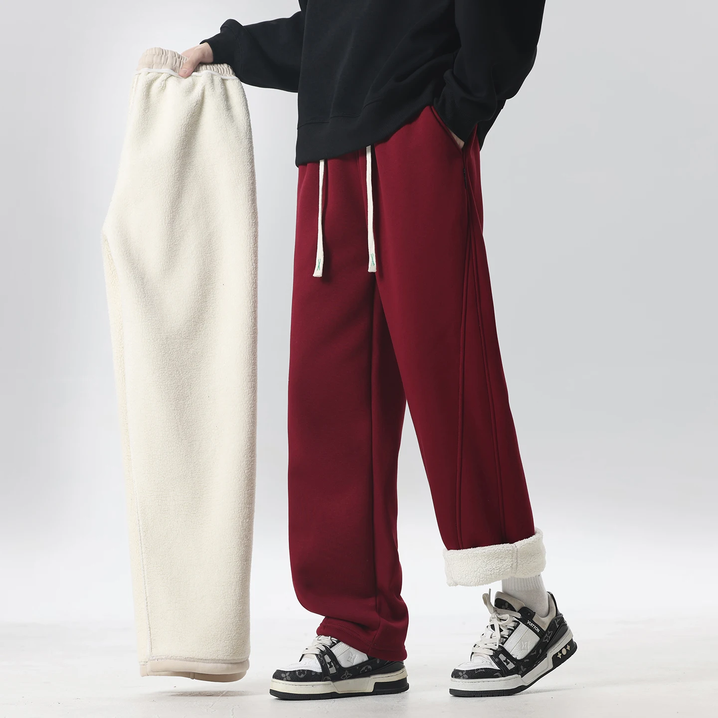 

Winter Men's Casual Pants with Elastic Waistband Straight Leg Loose Fit Draping Solid Color Versatile Thickened Pants for Autumn