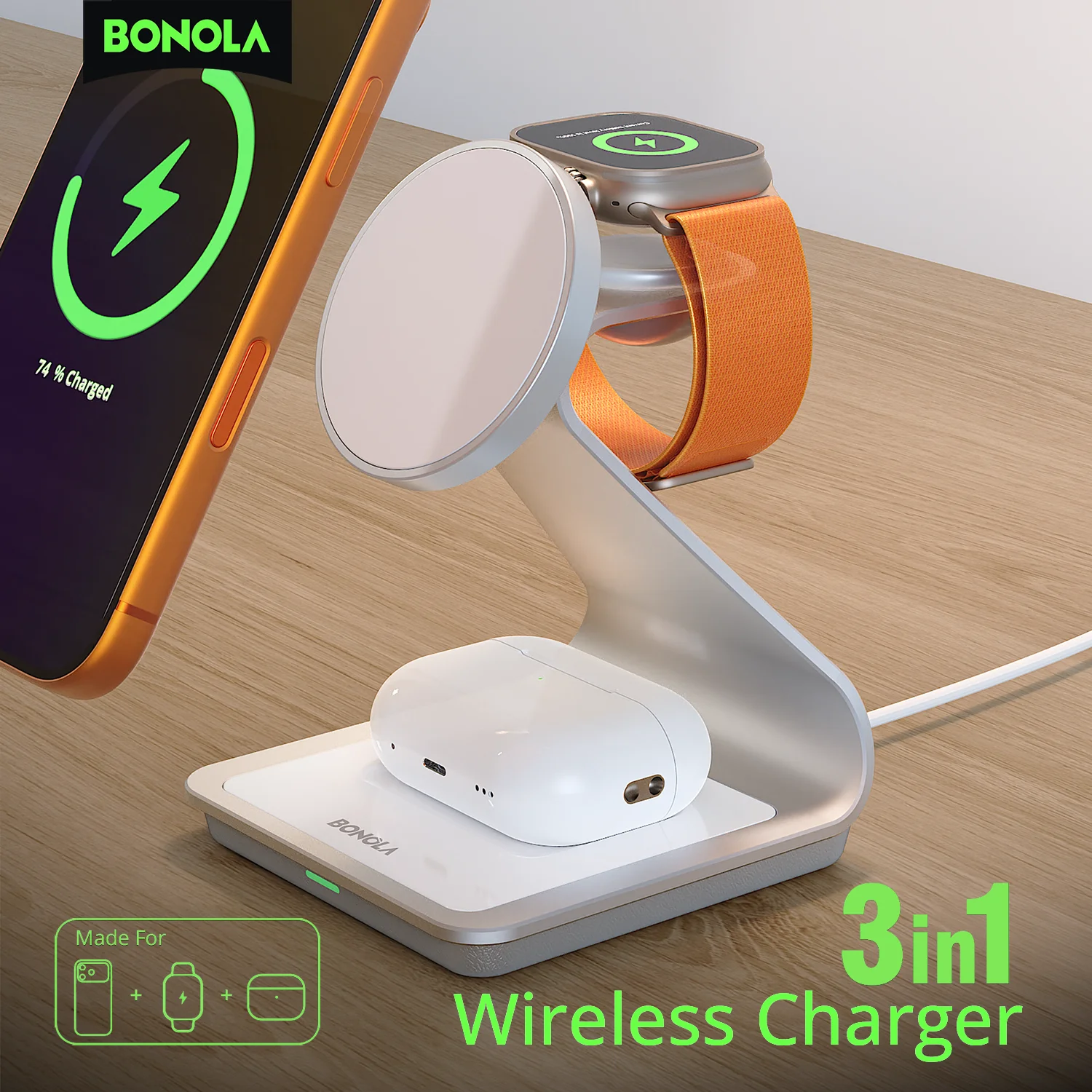 

Bonola Magnetic 3 in 1 Charger Metal Stand for iPhone 14/15/16/17 Pro Fast Wireless Charging Desk Holder for Apple Watch/AirPods