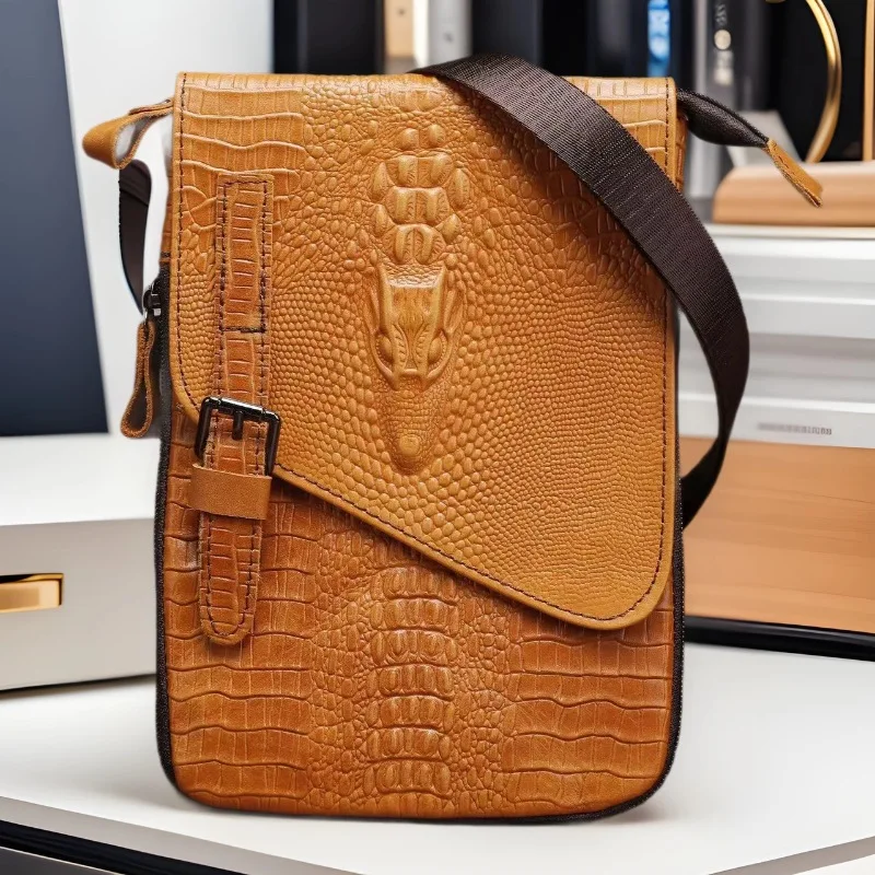 New Alligator Crocodile Pattern Men's Cow Leather Shoulder Bag Large Capacity Male Crossbody Bag For Men