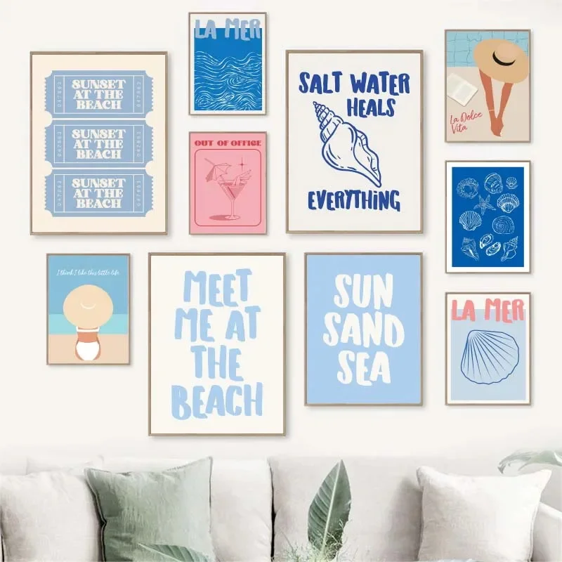 1pc framelessSeashells Meet Me At The Beach Posters Summer Sea Bikini Coastal Quotes Canvas  Trendy Wall Art Room Home Decor Gif