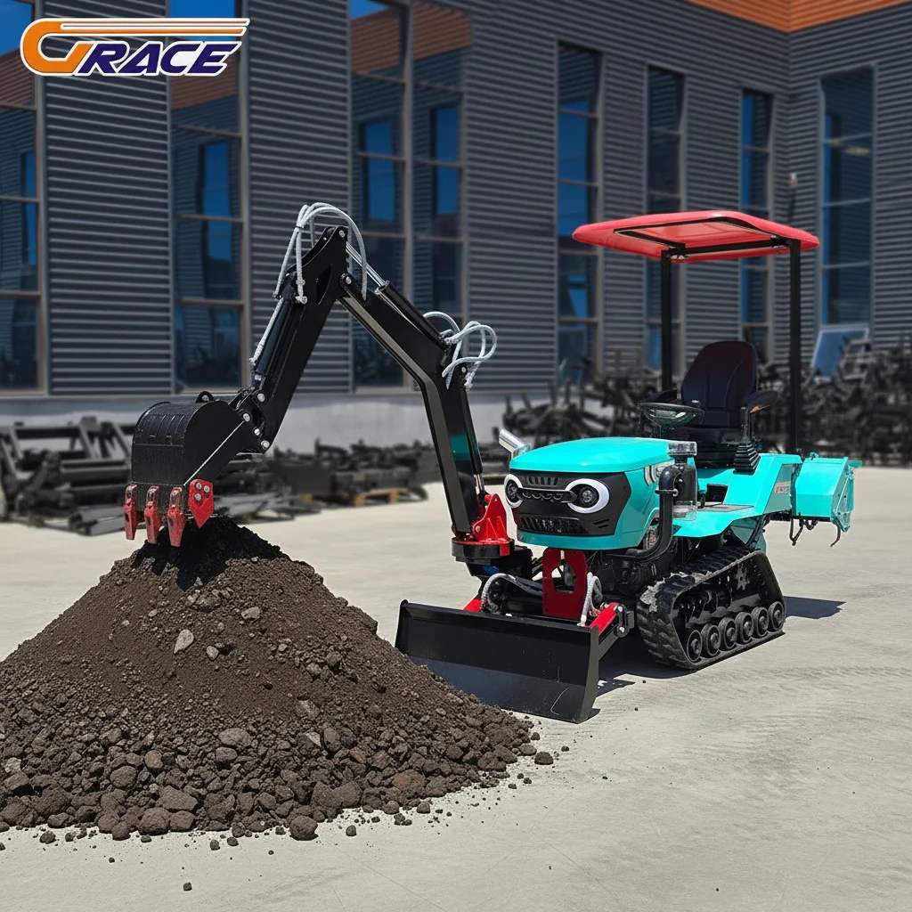 

Customize Agricultural Tractor with Ditching Plow, Trencher, Bulldozer, Excavator Bucket for Garden and Field Work