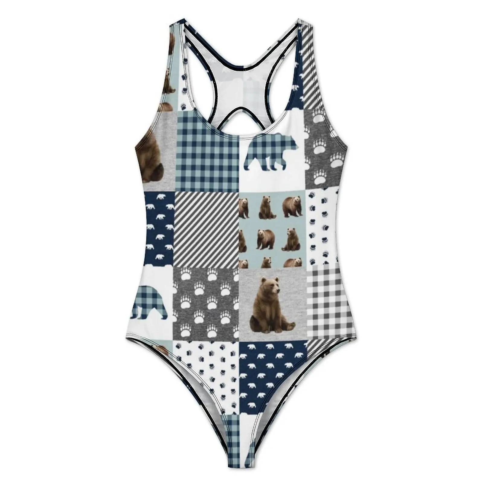 Cute Bear Patchwork Swimsuit Sexy Plaid Forest Animal One-Piece Swimwear Push Up Bodysuit Trend Holiday Swim Monokini