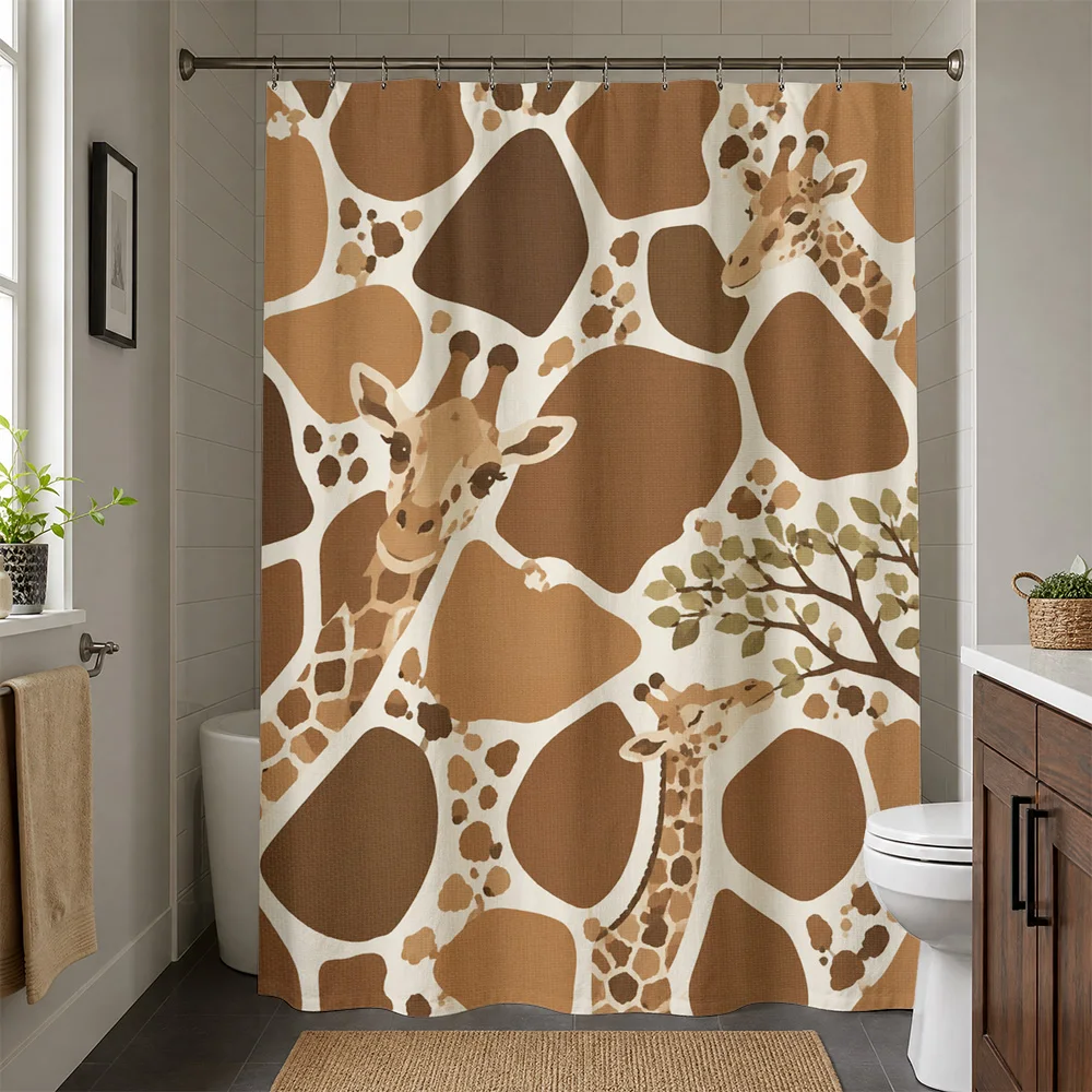 Safari Animal Print Shower Curtain Jungle Safari Lion Giraffe Leopard Tropical Bathroom Shower Curtain