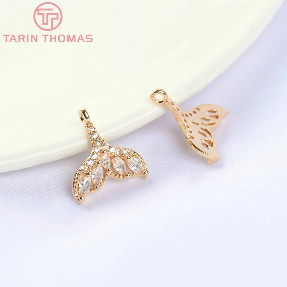 (5535) 6PCS 14x15.5MM 24K Gold Color Brass with Zircon Fish Tail Pendants High Quality DIY Jewelry Making Findings Wholesale