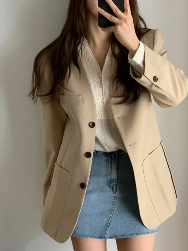 

Ele Korean Sle Single Button V-Ne Suit Jaet for Women Autumn 2025 Faionable Long Sve Pure Color Commute
