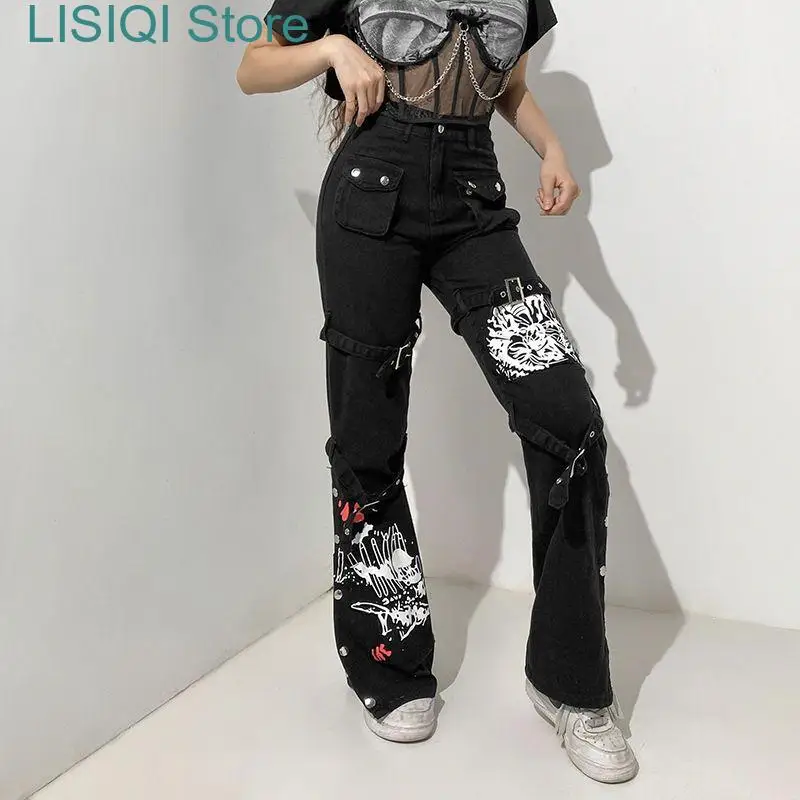 

New Women Black High Street Print Ankle-Length Jeans Zipper Fly Belt Pants Punk Style Bandage Straight Pocket Hip Hop Pantalon