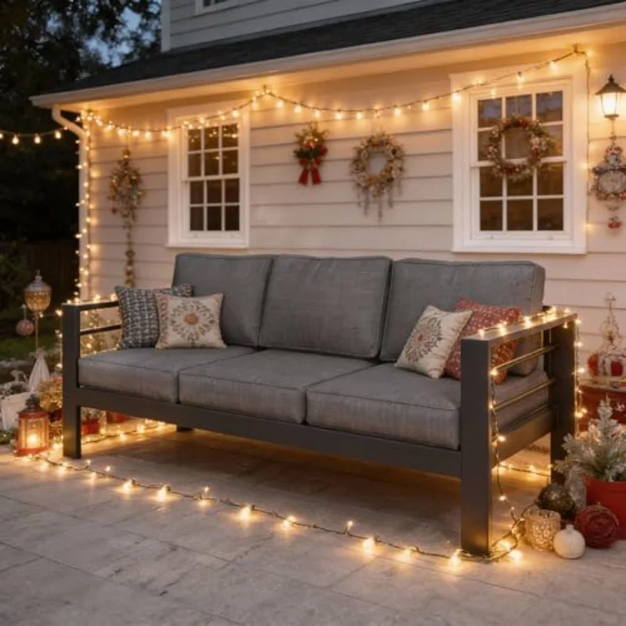 

Уличный диван из алюминия для патио, 3-местный, всепогодный, металлический, с 5 толстыми и мягкими подушками и широкими подлокотниками