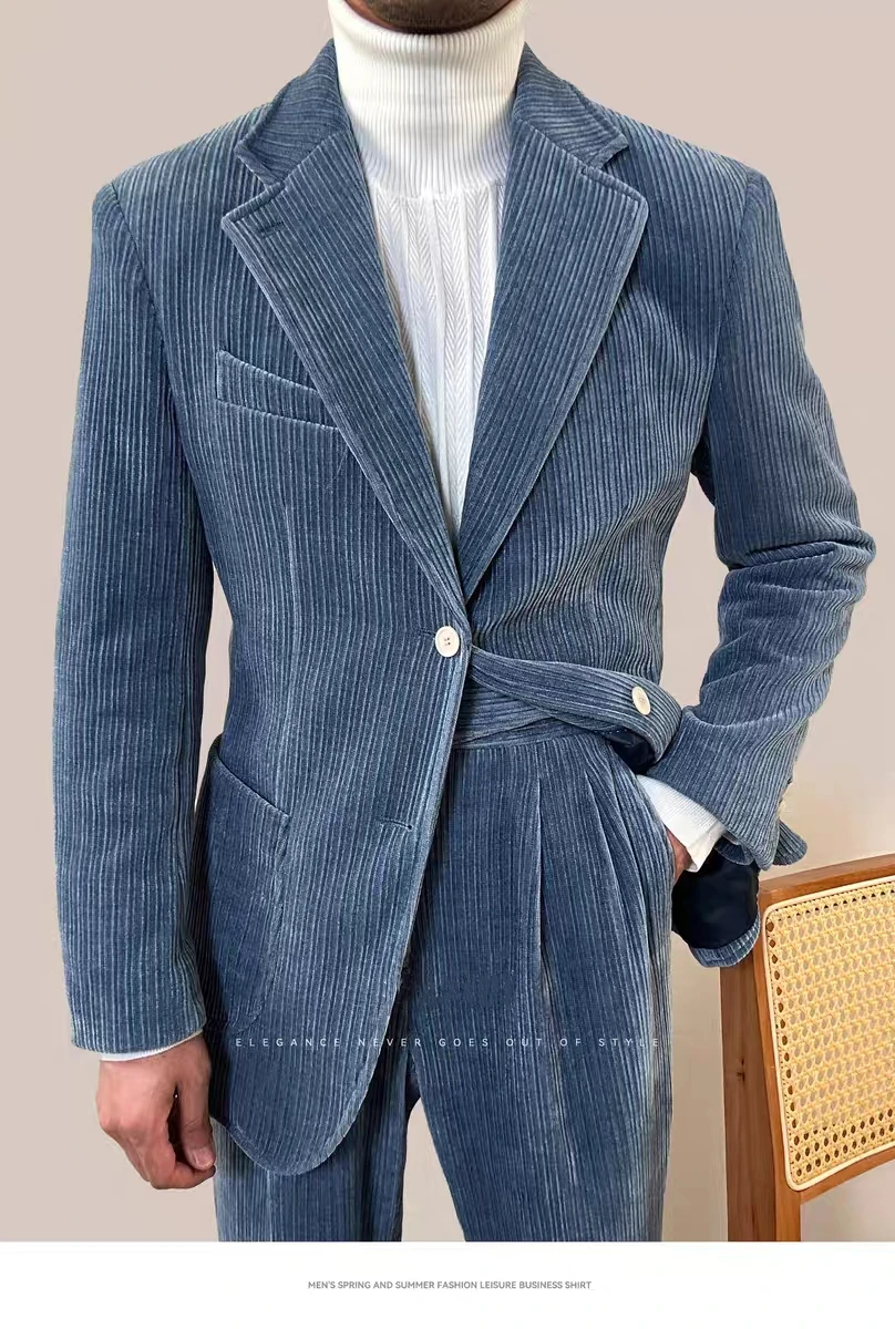 

Новое поступление, осенне-зимние мужские костюмы с лацканами из синели, пиджак, брюки, повседневный костюм, мужской вечерний офис, деловая одежда