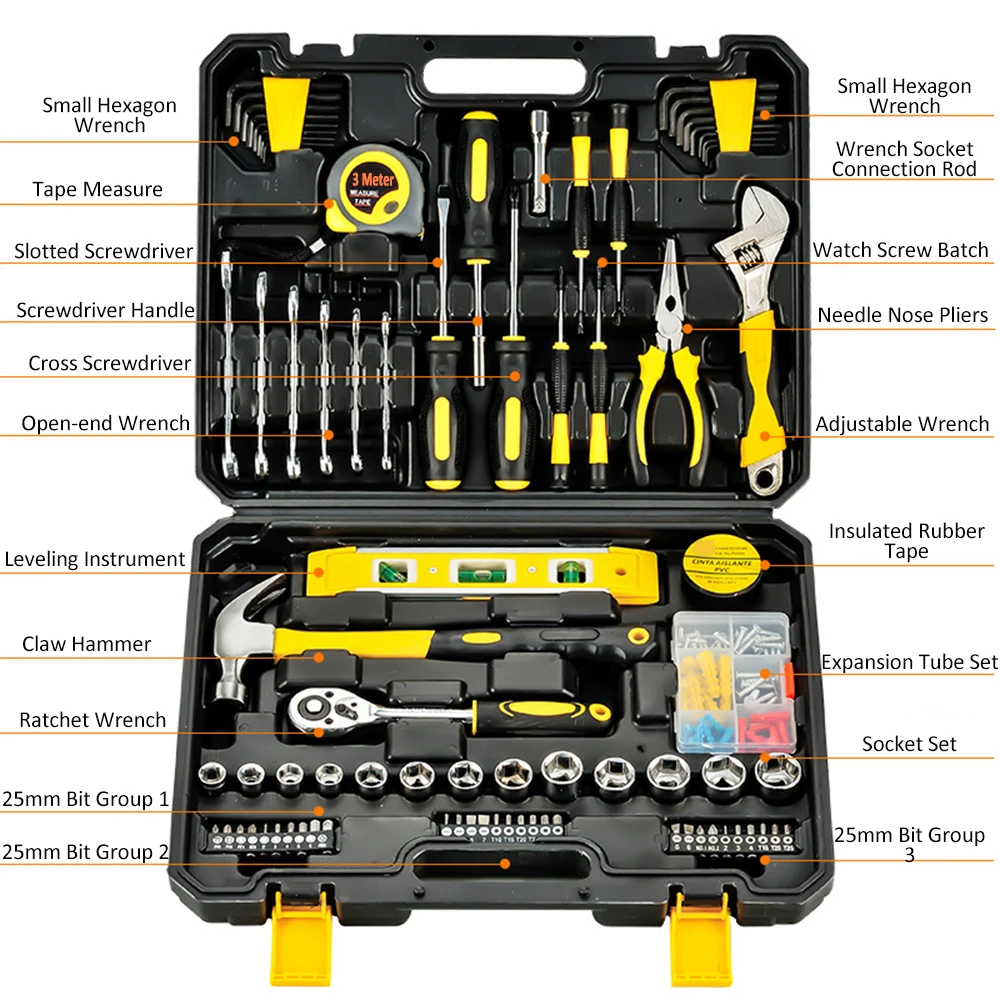 108 Piece Tool Set General House hold Hand Tool Kit with Plastic Toolbox Storage Case   Used to Car repair And home Repair