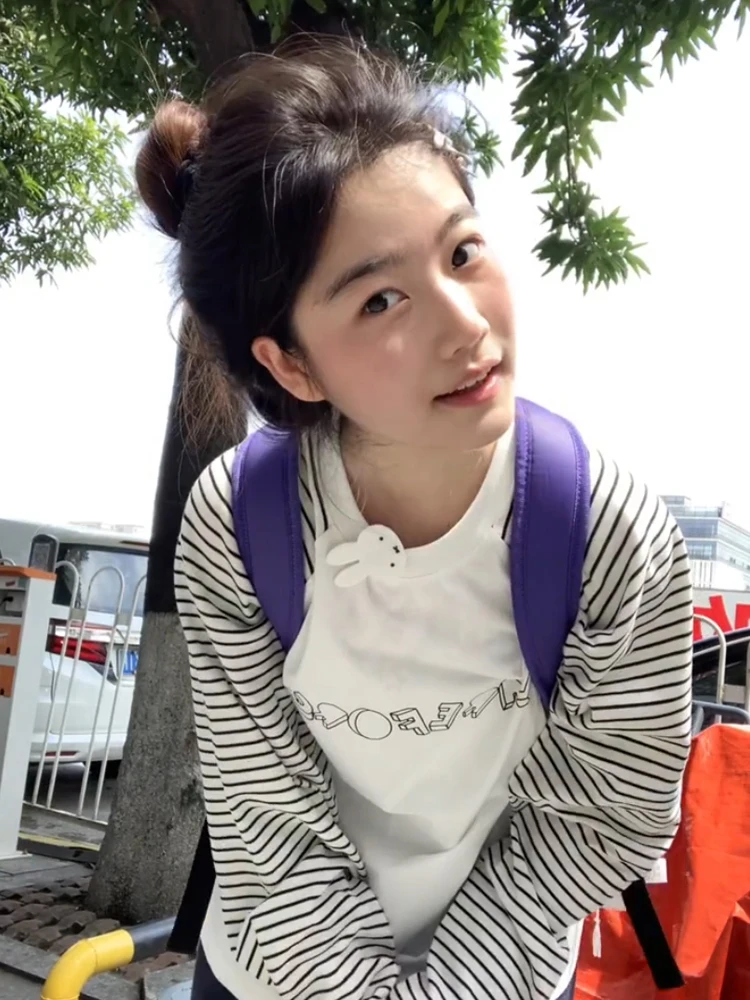 T-shirt lunga casual a righe Sve da donna vestibilità ampia dimagrante pigro versatile top in puro cotone confortevole traspirante autunno ne...