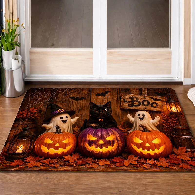 Holiday Non‑Slip Doormat, Boo Sign Black Cat Ghost Pumpkin Rug, Decor Entry Mat for Indoor Outdoor Front Door Porch Household