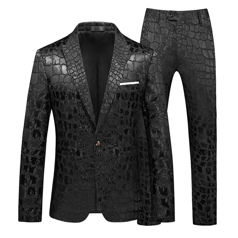 High End Gentleman Jacquard Suit Men Clothing Red Black White Fashion Luxury Men\'s Wedding Party Dress Slim Fit Blazer and Pants