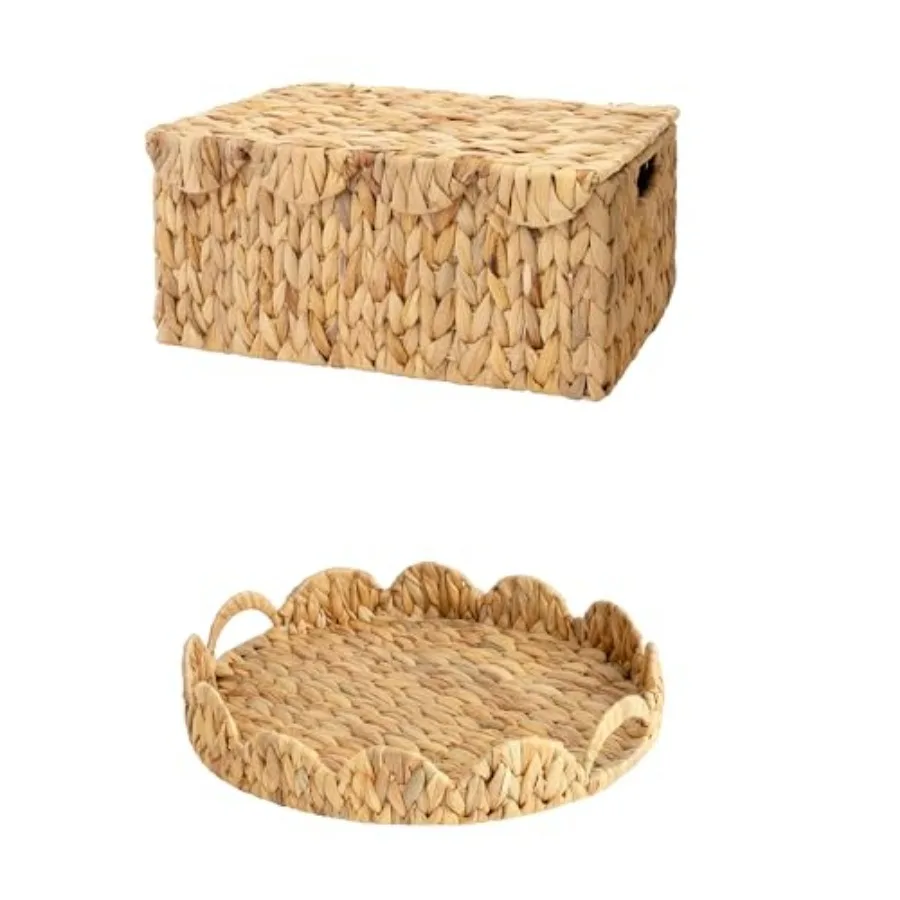 

Плетеная корзина с волнистым краем и крышкой для декора интерьера, круглая корзина-поднос, плетеный поднос из ротанга для сервировки