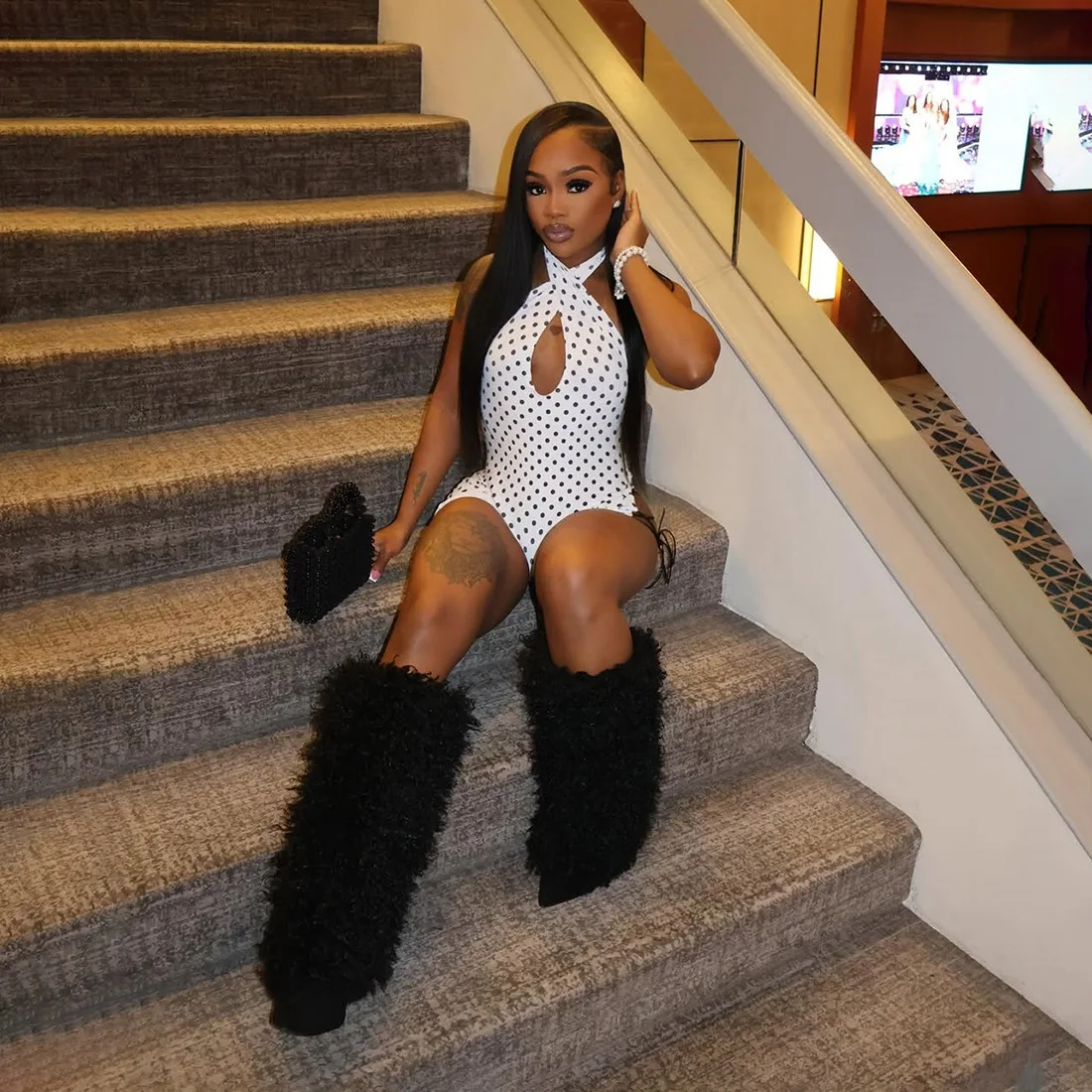 

DSMTRC сексуальные полые комбинезоны в горошек с лямкой на шее и открытой спиной без рукавов, обтягивающие клубные костюмы, женские комбинезоны с гофрировкой по бокам