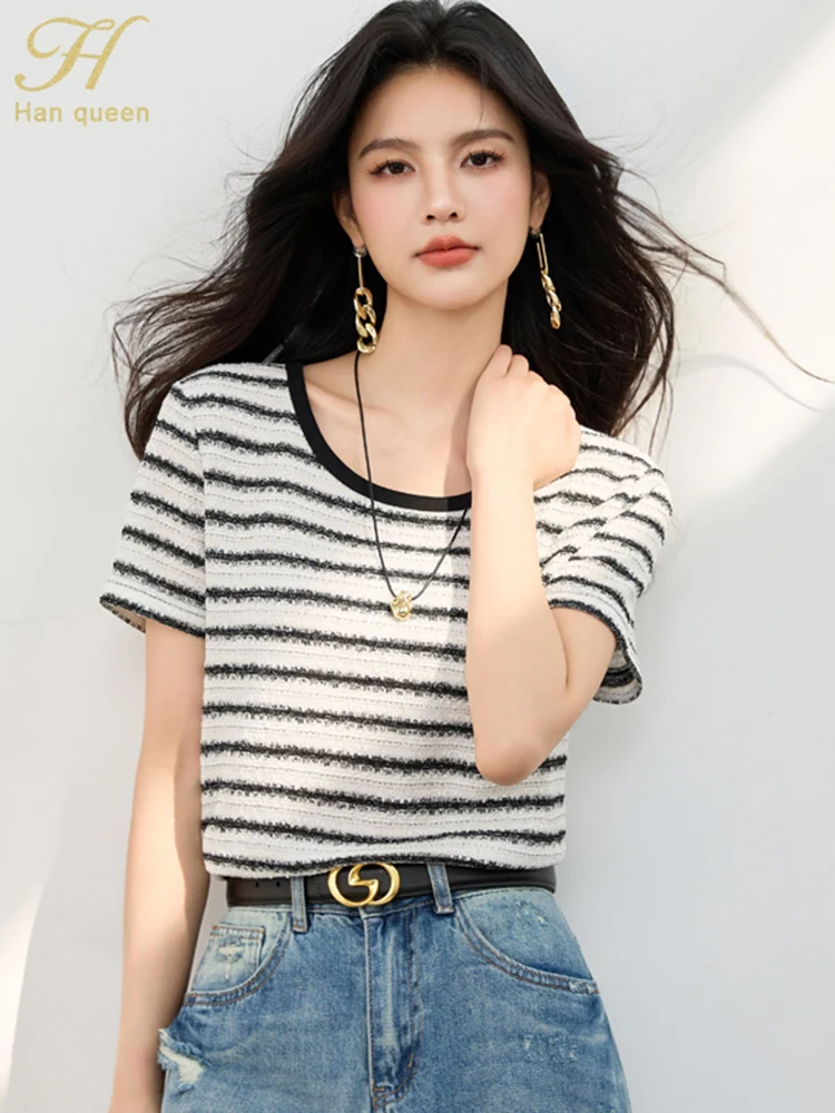 

H Han Queen New 2025 Korean Elegant Vintage Casual Summer Tops Chic Stripe Women Shirts & Blouses Loose Short Sleeve T-Shirts