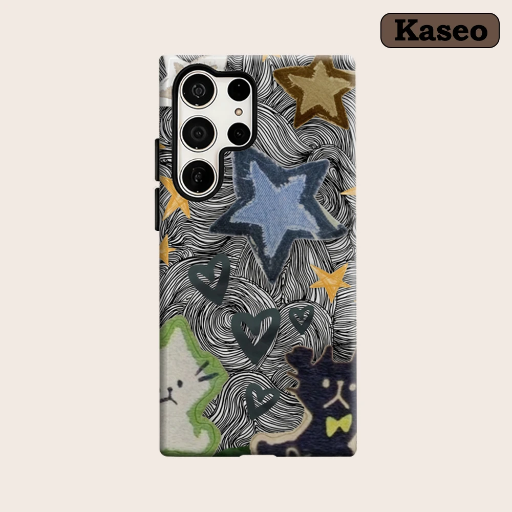 Kaseo Phone Case for Samsung Galaxy S26 S25 Ultra S24 S23 Ultra Plus Shockproof Double Layer Whirl Cat Star Patchwork Cover