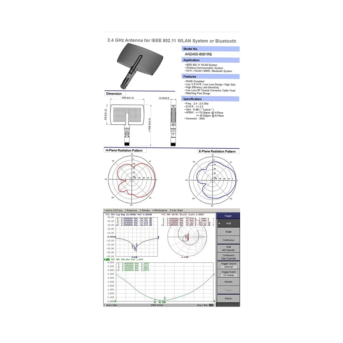 2.4G WIFI Antenna 8DBi Directional Panel Aerial Radar Shape RP SMA Male Connector for Wireless Router Signal Booster(B)