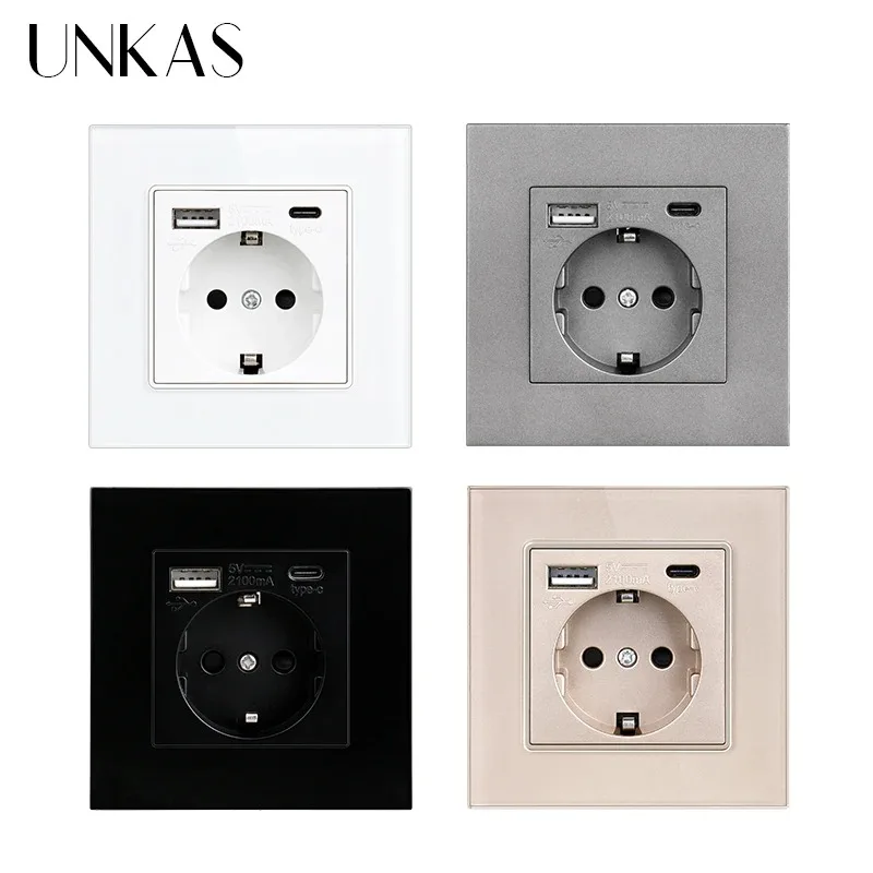 

UNKAS Type C USB Socket Port Fast Charger Adapter for Mobile Phone Glass Plastic Panel 16A EU Plug 5V 2100mA AC 110V-250V Outlet