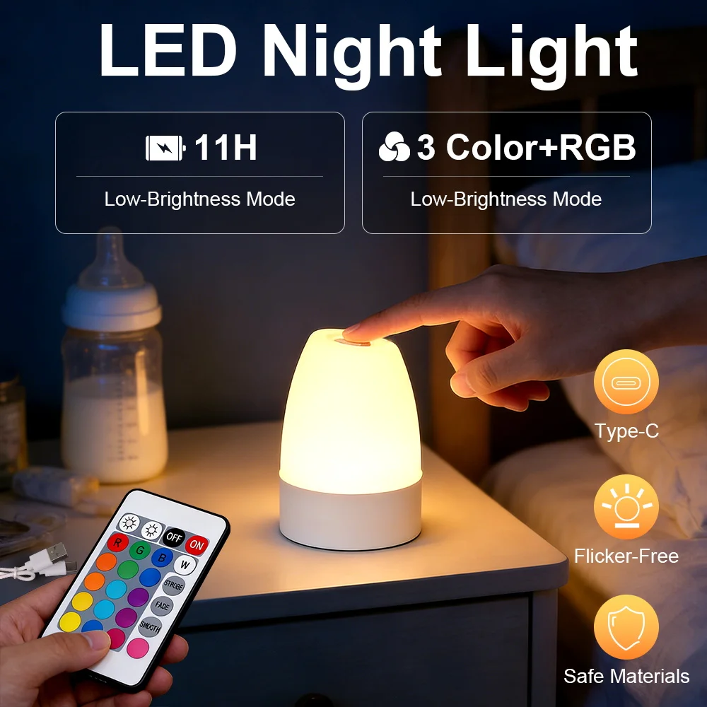 Led Touch Night Light Bedroom Table Lamp 2W Dimmable Rechargeable Night Lamp For Kids Gift Remote Control 3 Colors Night Lamp