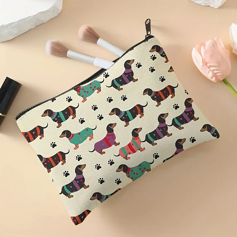 Uma bolsa de maquiagem estampada com padrão de cachorro pequeno – uma linda bolsa multifuncional com zíper para mulheres, bolsa de armazenamento de joias,