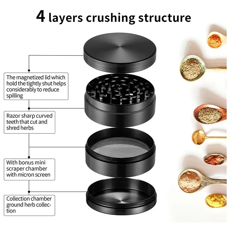 4 Layers Aluminium Herb and Spice Grinder 5 colors 40mm Grinder Metal with Scraper Portable Food Mill Zinc Alloy Smooth Grinding