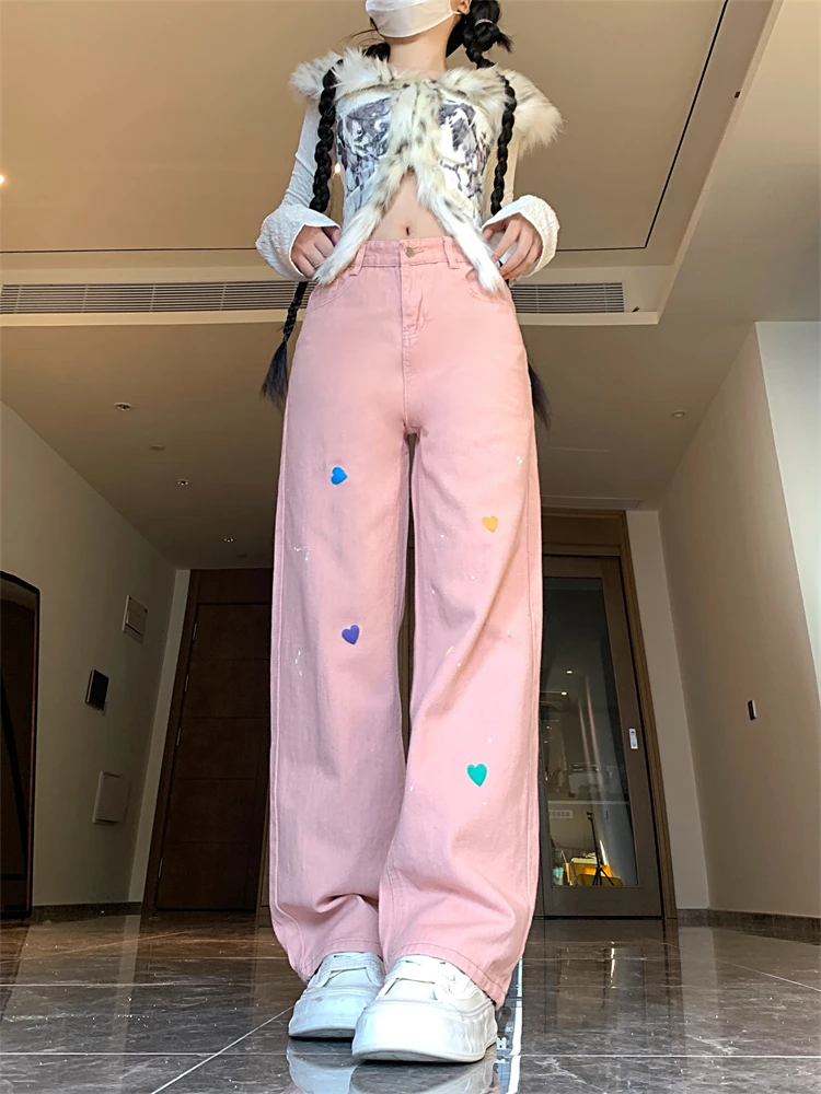 Calças femininas coloridas em forma de coração bordado rosa legal menina casual bottoms calças femininas cintura alta calças largas perna