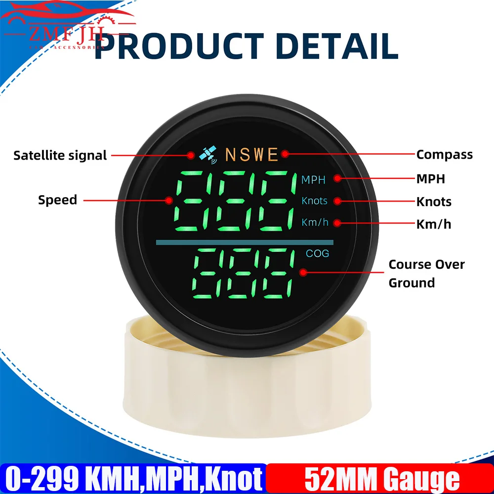 

ZMFJH цифровой 0-299 км/ч, MPH, нит 52 мм GPS-спидометр с антенной COG компас красный/зеленый/белый светодиод для лодки, яхты, автомобиля